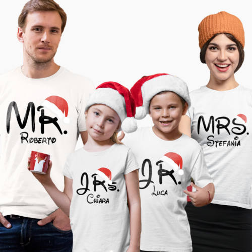 Poker di T-Shirt Famiglia Natale Personalizzate con Nome - MR, MRS, JR, JRS